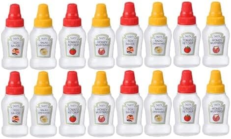 16PCS Mini Condiment Squeeze Bottles Set, 25ml Ketchup Honey Mustard Sauce Bottles, Containers Refillable for Sauce, Plastic Portable Dressing Bottles, Squirt Condiments Dispensers for Lunch Box