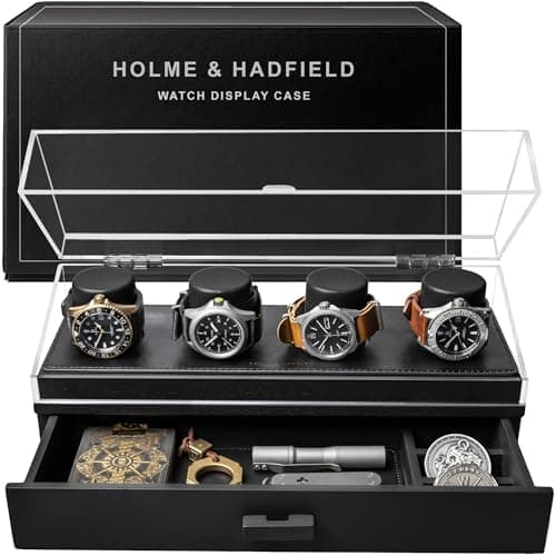 Holme & Hadfield Premium 4 Slot Watch Box for Men - Wooden Watch Display Case with Hinged Cover, Leather Lining & Drawer - Watch Holder Organizer Stand -Handcrafted Luxury Birthday Gift for Men