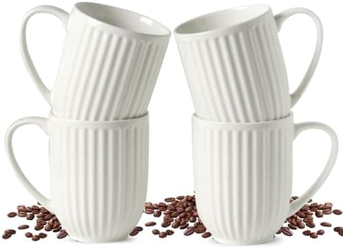 HASENSE Textured Coffee Mugs Set of 4, 16 Oz Ribbed Ceramic Cups with Large Handle for Latte Tea Cappuccino, Stackable Embossed Mug Set for Mom Dad, Microwave Dishwasher Safe, Creamy White
