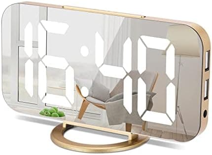 YGON Slim Digital Alarm Clock, Daul USB Charger Ports, Dimming Mode, Large Display Mirror Surface for Makeup, LED Desk Clock for Bedroom, Living Room, Office, Home, Kids - Gold/White