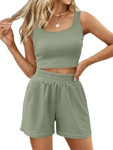 Trendy Queen Two Piece Summer Outfits 2 Piece Sets 2026 Sleeveless Matching Lounge Crop Top High Waisted Short