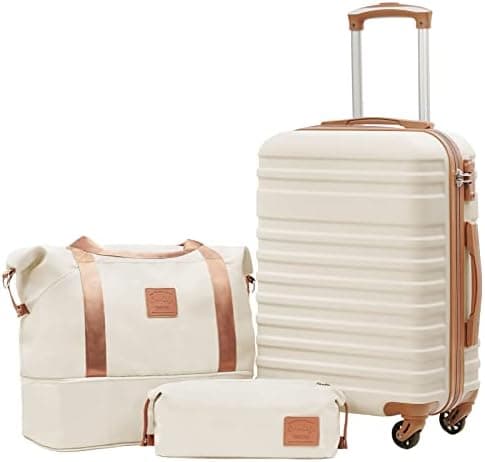 Coolife 3 Piece Luggage Set Carry On Suitcase with Hardside Durable TSA Lock Spinner Wheels (Apricot White, DB/TB/20)