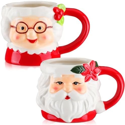 Willinglong 2 Pcs Mr.Christmas Santa Mugs Christmas Holidays Santa Claus Mugs Set Bulk Ceramic Vintage Camping Coffee Tea Cups for Couples Christmas Red and White Gifts Party Supplies (White,10 oz)