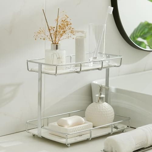 Bathroom Organizer Countertop Perfume Organizer Makeup Organizer Cosmetics Storage Display Rack Vanity Tray Dresser Stainless Steel Gold Shelf White Marble Ceramic Tray (2 Tier L-Sliver) | Perfume Organizer, Makeup Organizer, Cosmetics Storage, Vanity Tray, Dresser, Shelf