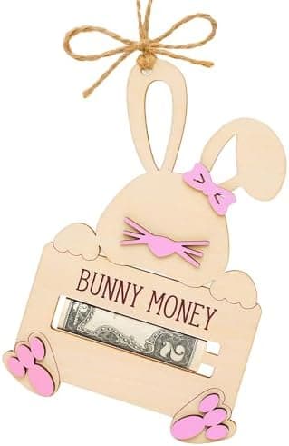 Easter Bunny Money Holder for Cash Gift, Wooden Easter Basket Stuffers Gift Card Sleeves Rabbit Cash Holder Tag Gifts for Teens Girl Boy, Grandchildren, Basket Tag Decorations & Gifts Ideas