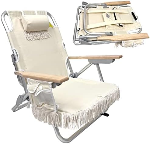 EasyGo Product Tassel Backpack Beach Chair 5 Positions and Cup Holder Pouch on Side-Padded Pillow-Storage Bag on Back – Lightweight Rustproof Aluminum – Black Frame, 1 Pack TAN