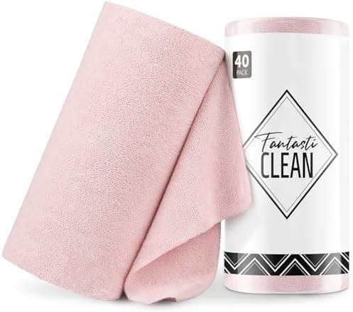 Fantasticlean Microfiber Cleaning Cloth Roll -40 Pack, Tear Away Microfiber Towels, 12" x 12", Reusable, Washable, Lint Free, Ultra Absorbent Dishcloth for Car, Pet, Kitchen Cleaning Supplies (Pink)