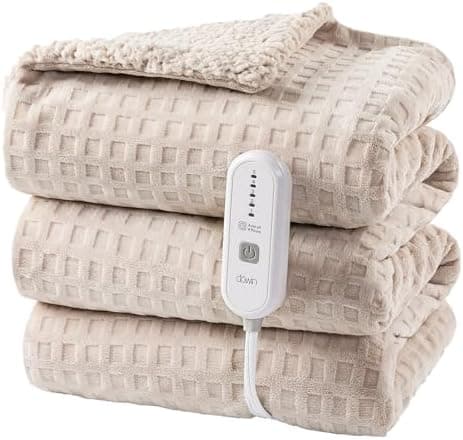 Dowin Heated Blanket Electric Blanket - Throw Size Waffle Fleece Heating Warming Blankets with Auto Shut Off for Couch Office Chair Bed Adults Fuzzy Cozy Machine Washable 50x60 Khaki