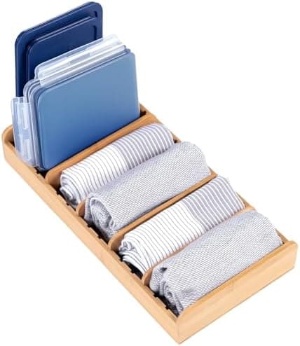 KitchenEdge Bamboo Kitchen Towel and Food-Storage Organizer, Perfect for Kitchen Drawers, Cabinets, Pantry, 5 Adjustable Wall Inserts, Organize & Store Plastic Food Containers