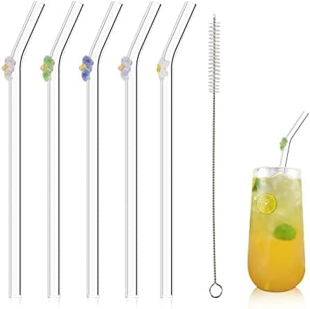 Olpchee 5 Pcs Reusable Straws Clear Glass Straws Colorful Flower Design Size 7.8" x 8mm with 1 Cleaning Brush for Smoothies, Milkshakes, Juices, Teas (Multicolor)