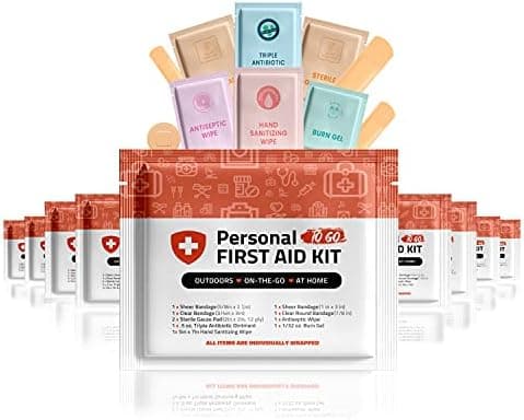 Personal First Aid Kit- 10 Pack | Clean, Treat, Protect Minor Cuts, Scrapes and Burns | Perfect for Home, Office, Car, School, Business, Camping | Individually Wrapped First Aid Products (Orange)