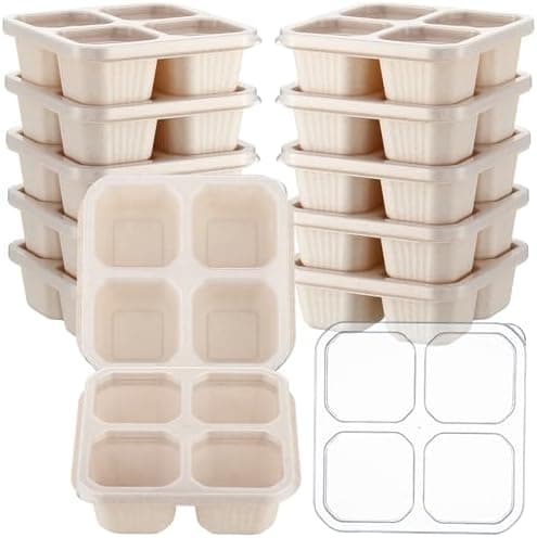 Ziliny 12 Pcs 4 Divided Compartments Snack Containers Bento Wheat Straw Snack Box with Lid Reusable Meal Prep Lunch Box Food Storage Containers for Adults Christmas Travel Work Gifts(Beige)
