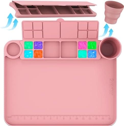 Svartur Silicone Art Mat - 17" X 13" With Cup and Palette, Raised Edge for Craft, Artist Creator Mat for Resin DIY, Coral Pink