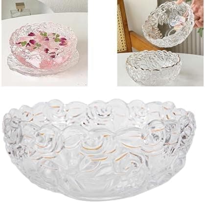 Boxonly Rose Embossed Glass Dessert Bowl and Plate Set – Clear Finish, Elegant 5.1"x2.2" / 13cmx5.5cm Bowl with Glacier Textured 5.5"x0.6" / 14cmx1.5cm Plate – Ideal for Desserts