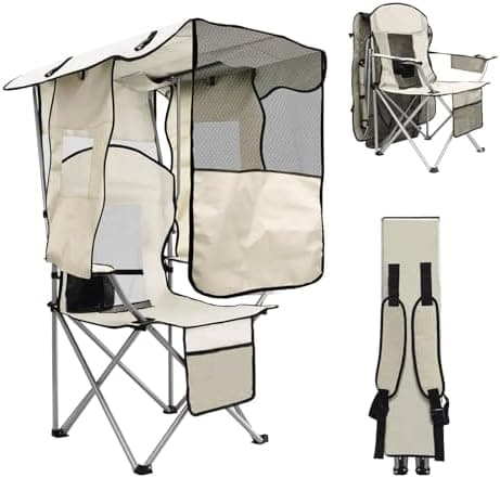 BDL Camping Chair with Canopy Shade Portable Folding Beach Chairs with Cooler, Mesh Backrest, Cup Holder, and Pocket for Camping, Fishing, Beach, and Sports,White