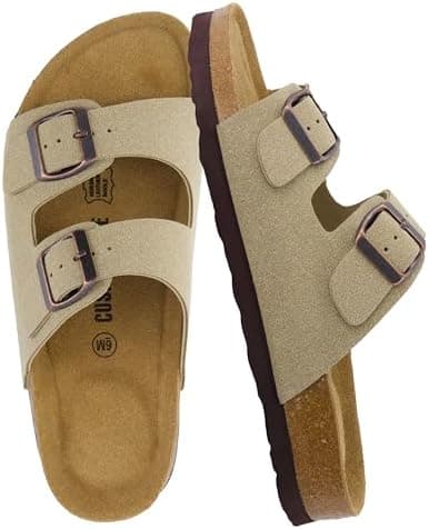 CUSHIONAIRE Lane Cork Footbed Sandals for Women – Comfortable Double Buckle Slip-On with Genuine Suede Footbed & Arch Support Slides for Women Footwear