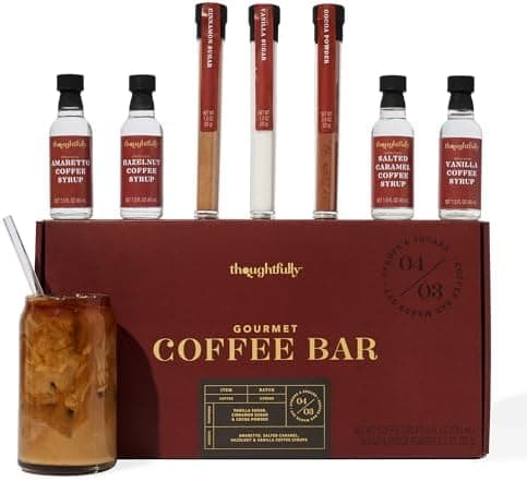 Thoughtfully Gourmet, Coffee Bar Gift Set, Includes 4 Delicious Syrups, 2 Flavored Sugars and 1 Cocoa Powder to Elevate Your Coffee, Set of 7