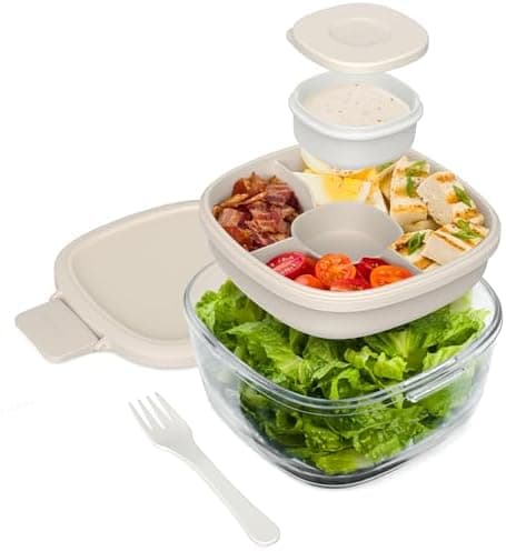 Bentgo Glass Salad Container - 7.6-Cup Salad Bowl with Airtight Lid, Leak-Proof Sauce Container, 4-Compartment Bento Tray & Reusable Fork - BPA-Free for Meal Prep, Office & More (White Stone Tan)