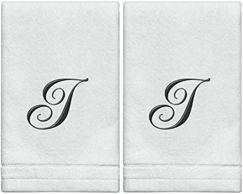 Monogrammed Towels Fingertip, Personalized Gift, 11 x 18 Inches - Set of 2- Black Embroidered Towel - Extra Absorbent 100% Cotton- Soft Velour Finish - For Bathroom/ Kitchen/ Spa- Initial I (White)