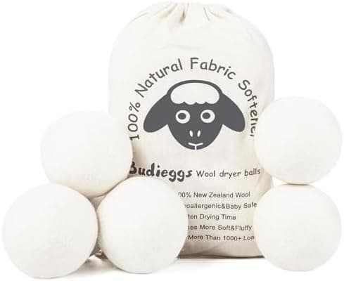 Budieggs Wool Dryer Balls Organic XL 6-Pack, 100% New Zealand Wool Chemical Free Fabric Softener for 1000+ Loads, Baby Safe & Hypoallergenic, Fabrics Soft and Fluffy Naturally