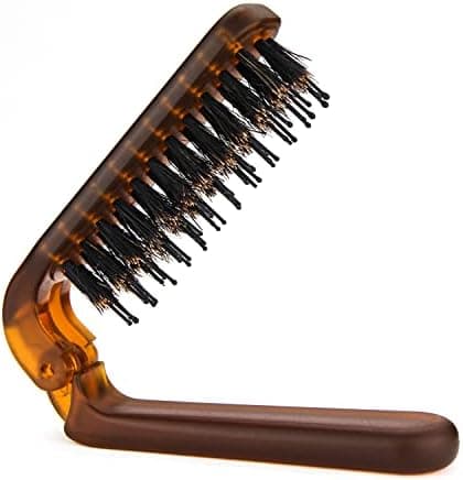 Travel Folding Hair Brush, Collapsable Portable Pocket Boar Bristle Hair Brush for Thin Thick Hair, Mini HairBrushfor Men Women Kids Thick Thin Curly Straight Wet Dry Hair Restore Shine Fold x1 Amber