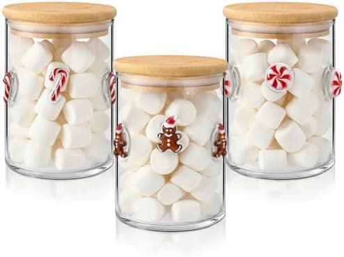 Reallnaive 3 Pcs Christmas Icon Glass Storage Jars with Airtight Bamboo Lid Red White Cane Candy Gingerbread Man Christmas Icon Glass Jars Canister Set for Winter Xmas Home Kitchen Countertop