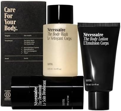 Nécessaire Body Essentials - Skin Care Gift Set For Women + Men - Travel-Size Body Wash, Body Lotion + Deodorant | Dermatologist-Tested. Hypoallergenic | Vegan | Aluminum-Free Deodorant (Santal)