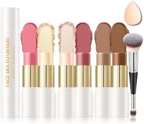 IONSGAKO 6 Colors Cream Contour Stick Makeup Kit, Double-ended Cream Highlighter Stick Bronzer and Blush Stick for Sculpt the Cheeks, Matte & Dewy Finish, Face Contour Kit for Beginners, Set A