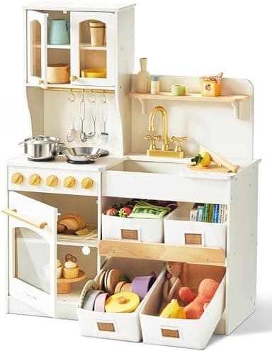 Tiny Land Wooden Play Kitchen for Kids – Enhanced Storage with Cabinets & Bins, Modern Toddler Kitchen Playset with Stove, Sink & Accessories