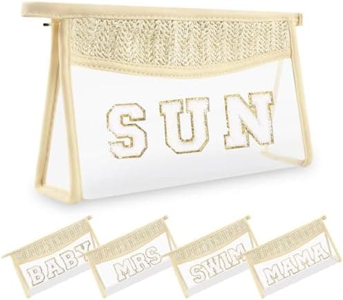 Small Boho Straw Clear Sun Makeup Bags for Women&Girls, Zipper Cosmetic Bag Chenille Varsity Letter Patch Bag, Preppy Cute Toiletry Pouch, Trendy Organizer Storage Bag for Beach Travel Essentials