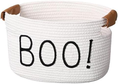 Meanplan Halloween Boo Basket with Handles, Funny Halloween Cotton Rope Ghost Spooky Basket Gifts Stuffers Storage for Women Her Adults Baby, 15 x 10 x 9 Inch