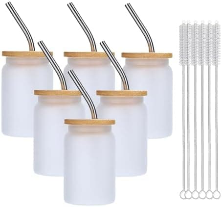 Lsqoop Mini Drinking Glasses 6pcs Set - 3.5oz Small Shot Can Glass with Straw Brushes and Bamboo Lids Cute Mini Coffee Glass Funny Gifts Idea for Cocktail, Whiskey,Kids Drinks (Frosted)