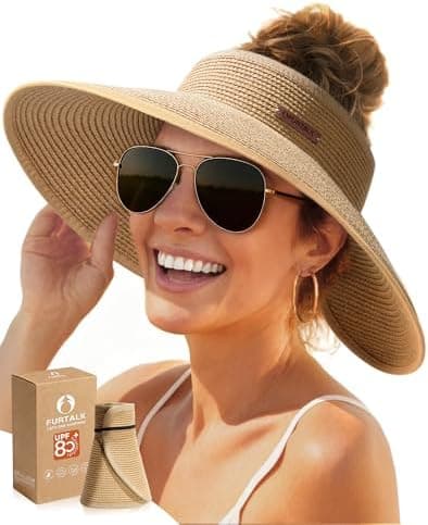 FURTALK Sun Hats for Women Wide Brim Beach Hat Straw Visor Ponytail Summer UV Packable Foldable Beach Vacation Essentials