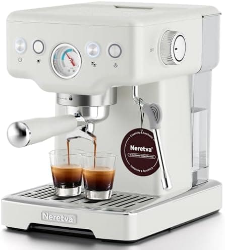 Neretva Espresso Machine, 15 Bar Espresso Coffee Machine with Visible Pressure Guage Professional Espresso Maker with Milk Frother & Stainless Steel for Home Barista Latte and Cappuccino Maker - White