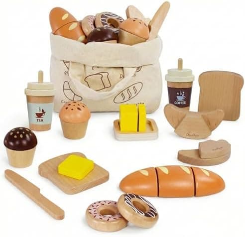 PairPear Wooden Bakery Play Food Set, Pretend Play Kitchen Accessories with Shopping Bag, Kids Cutting Food Gift for Boys and Girls Ages 3+