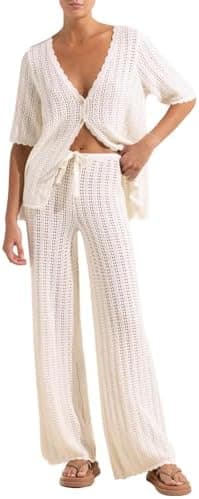 Imily Bela Women's Summer 2 Piece Swimsuit Cover up Crochet Knit Cardigan Tops Long Pants Set Bathing Suit Beach Outfit