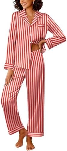 Ekouaer Womens Silk Satin Pajama Sets 2 Piece Sleepwear Pjs Set Long Sleeve Button Down Top and Pants Stripe Loungewear S-XXL