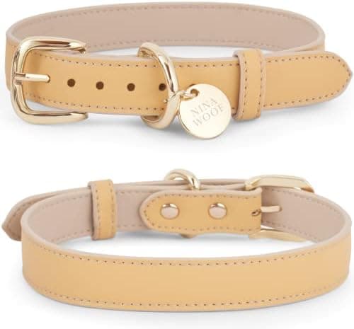 Nina Woof Copenhagen Cruelty Free Vegan Leather Dog Collar (Yellow) Padded Luxury Dog Collar with Adjustable Buckle - Collar for Dogs, Dog Collar for Small Dogs (S - 13.5" - 15.9")