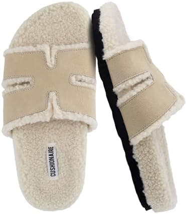 CUSHIONAIRE Cuddle Fur Slippers for Women Faux Shearling Slide Sandal +Memory Foam, Wide Widths Available