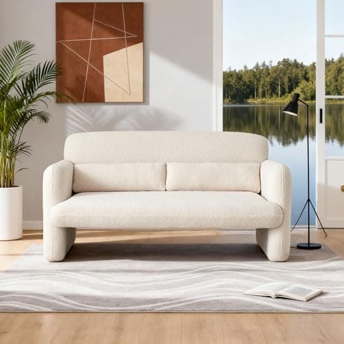VASOENY Boucle Modern Sofa Couch, 2 Seater Sherpa Lamb Fabric Loveseat Comfy Upholstered Couch Leisure Lounge Sofa with 2 Waist Pillow for Bedroom, Office and Living Room,Beige