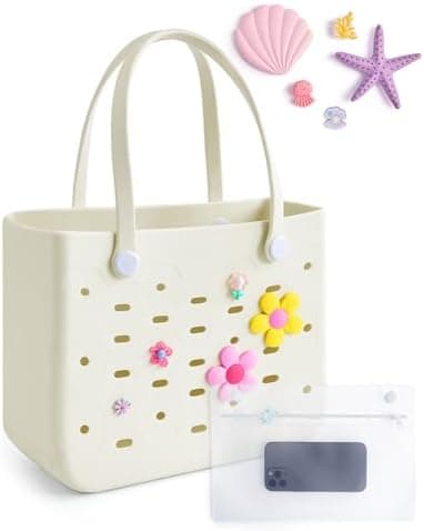 BAGSMART Beach Bag for Women, Water-resistant Rubber Tote Bag, Sandproof Vacation Essentials for Summer Swim Cruise Pool