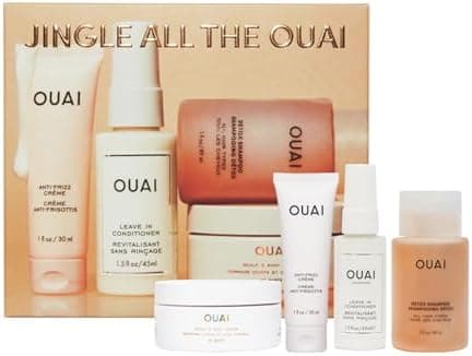 OUAI Gift Set - Travel Size Hair & Body Care Set - Includes Detox Shampoo, Deluxe Anti Frizz Cream, Leave In Conditioner, Scalp & Body Scrub (4 Count)