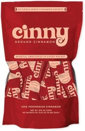 CINNY, 50 Single-Serve Packets Ground Cinnamon - .02 oz Packets of Pure, Ethically Sourced, Indonesian Cinnamon, Perfect for Coffee, Tea, Smoothies, Fruit and Snacks