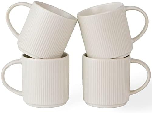 famiware Coffee Mug Set for 4, Star 12 oz Catering Mugs Cup Set with Handle for Coffee, Tea, Cocoa, Milk - Ceramic Stoneware Drinkware Set, Matte White