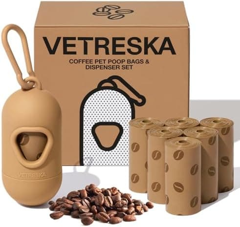 VETRESKA Dog Poop Bags Dispenser with Coffee Scented Waste Bags, Leak Proof, Extra Thick & Strong, 1 Holder and 105 Count Pet Poop Bags (7 Refill Rolls) for Dogs and Cats