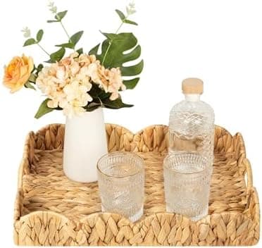 StorageWorks Rectangle Wicker Scalloped Tray, Rattan Serving Trays with Handles, Water Hyacinth Basket for Decorative & Organizing, 15.75" L x 11.5" W x 2.75" H