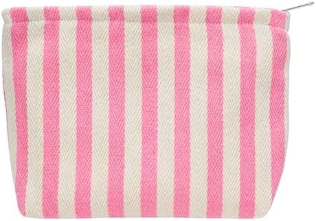 Makeup Bag Large Cotton Zipper Pouch for Purse Travel Canvas Make Up Organizer for Women Cosmetic,Stripe Pink