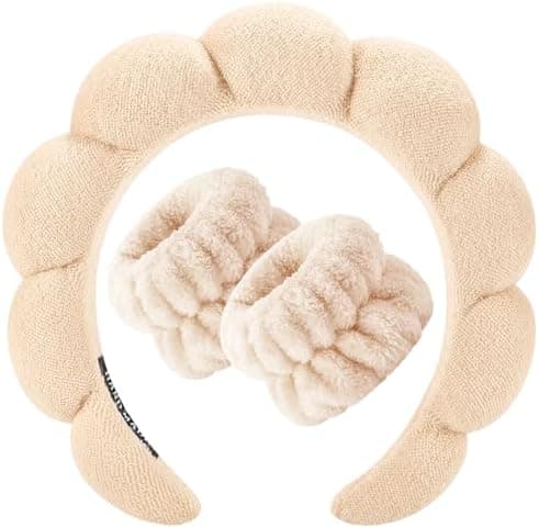 Zkptops Spa Headband for Women Sponge Makeup Skincare Headband Washing Face Wristband Set Terry Cloth Bubble Soft Get Ready Hairband Puffy Padded Headwear Non Slip Thick Hair Accessory(Beige)