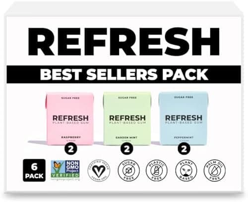 Refresh Gum, Xylitol, Natural, Sugar Free, Long Lasting, Plastic Free, Natural Flavors & Organic Ingredients, Plant-Based, Non GMO, Peppermint, Best Sellers Variety Pack, 12 Pcs, 6 Pack