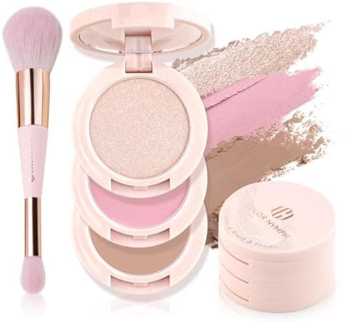 Color Nymph 3 Colors Contour Blush Highlighter Makeup Palette, Travel Size Make up Kit, Blush & Highlighter & Contour Powder Palette, Includes Brush and Mirror, Stacked Makeup Design （Pink）